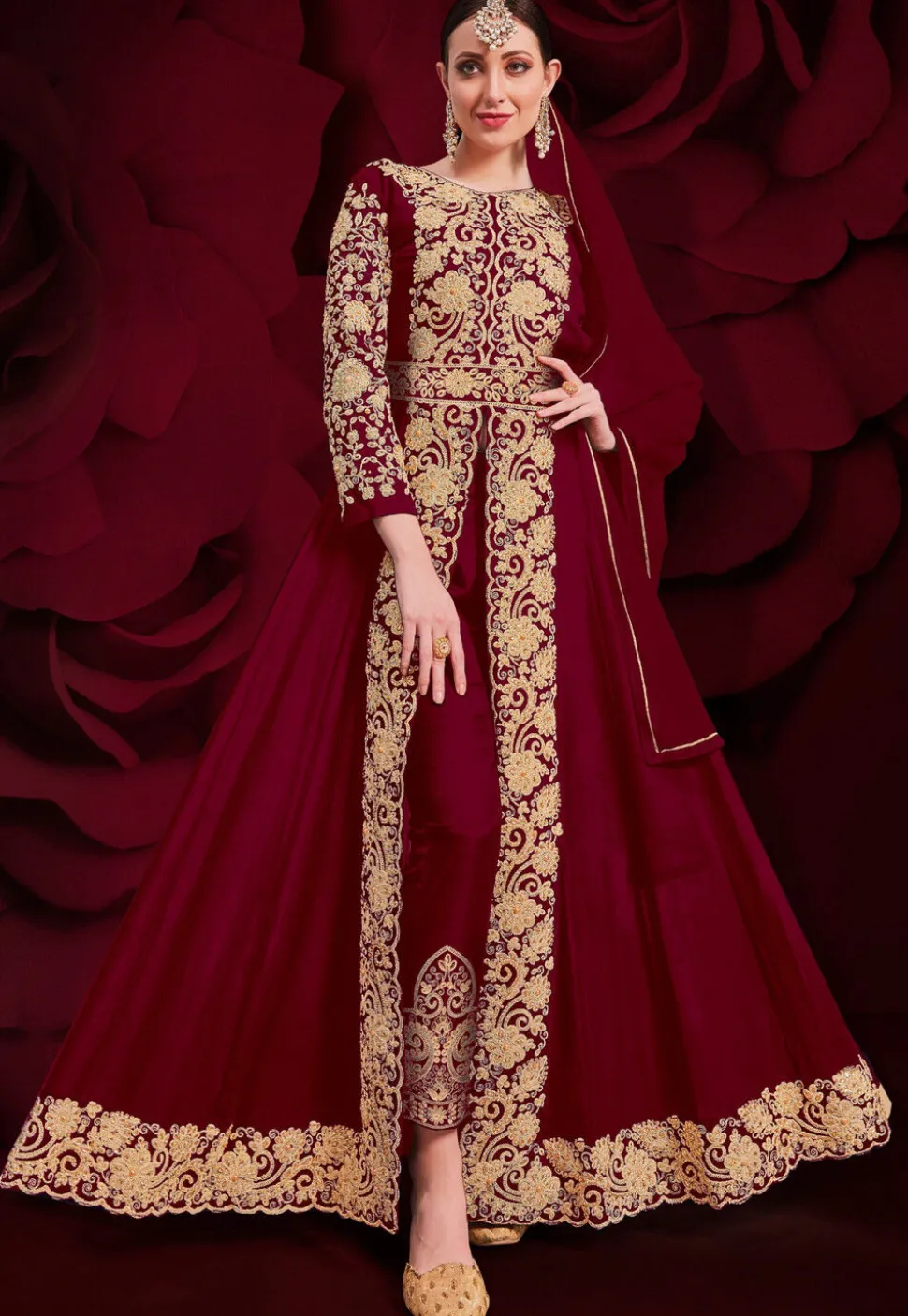Embroidered Georgette Abaya Style Suit in Maroon