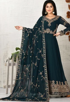 Embroidered Georgette Abaya Style Suit in Dark Teal Blue