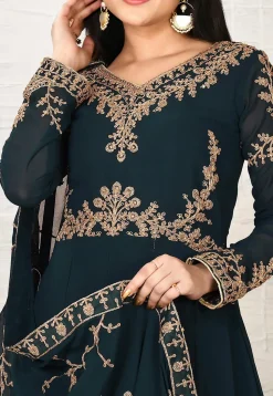 Embroidered Georgette Abaya Style Suit in Dark Teal Blue