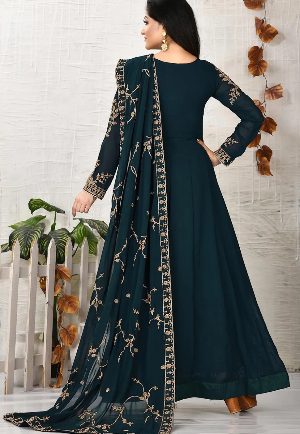 Embroidered Georgette Abaya Style Suit in Dark Teal Blue