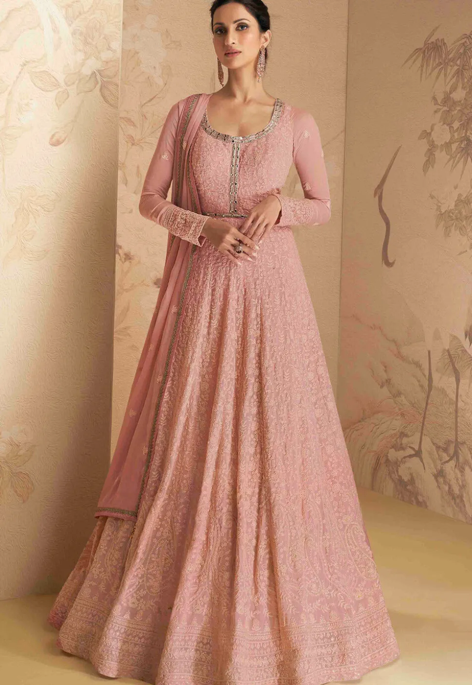 Embroidered Georgette Abaya Style Suit in Peach