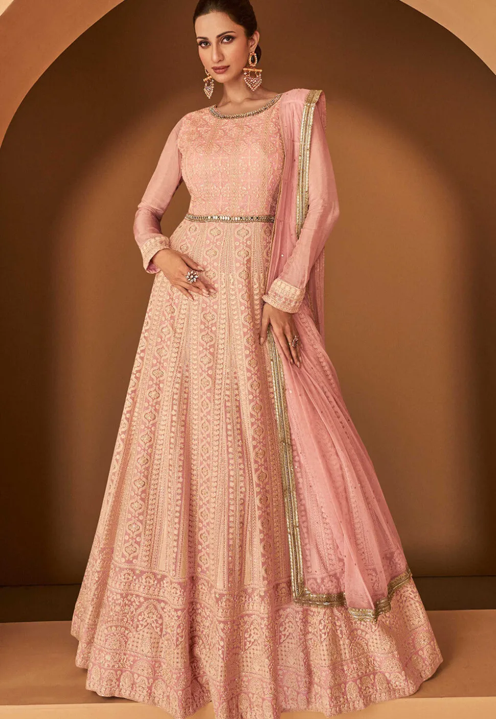 Embroidered Georgette Abaya Style Kameez in Pink