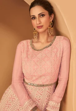 Embroidered Georgette Abaya Style Kameez in Pink