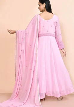 Embroidered Georgette Abaya Style Suit in Pink