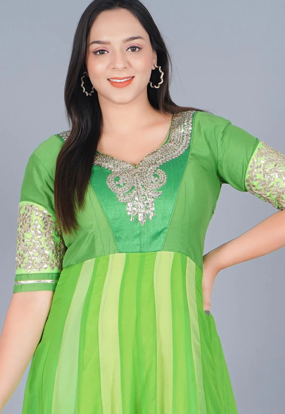 Embroidered Georgette Abaya Style Suit in Shaded Green
