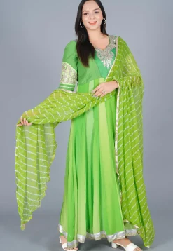 Embroidered Georgette Abaya Style Suit in Shaded Green