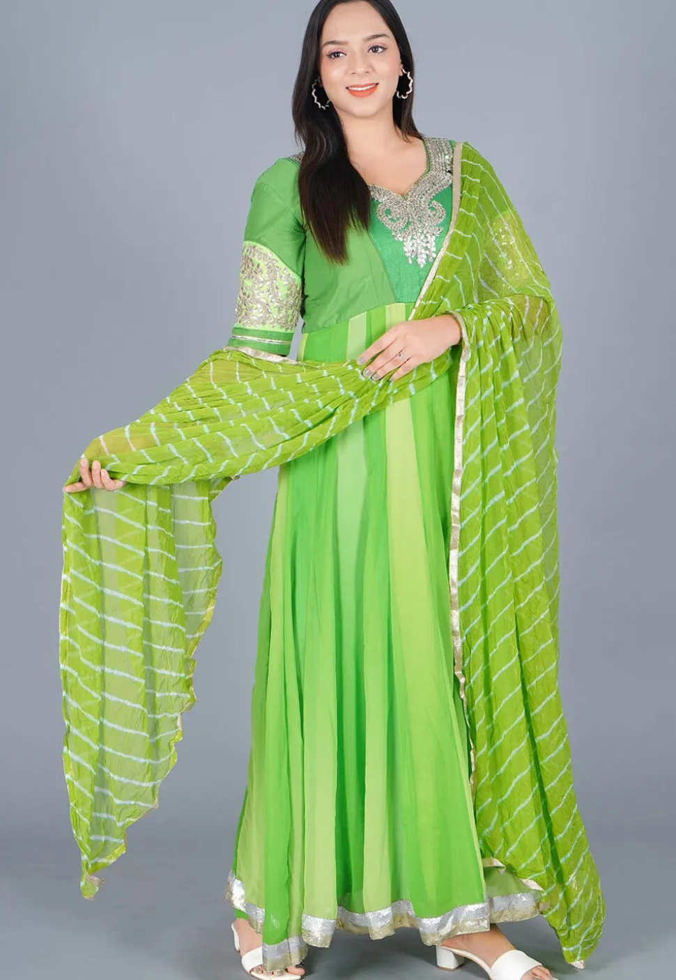 Embroidered Georgette Abaya Style Suit in Shaded Green