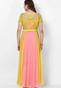Embroidered Georgette Abaya Style Suit in Yellow and Baby Pink