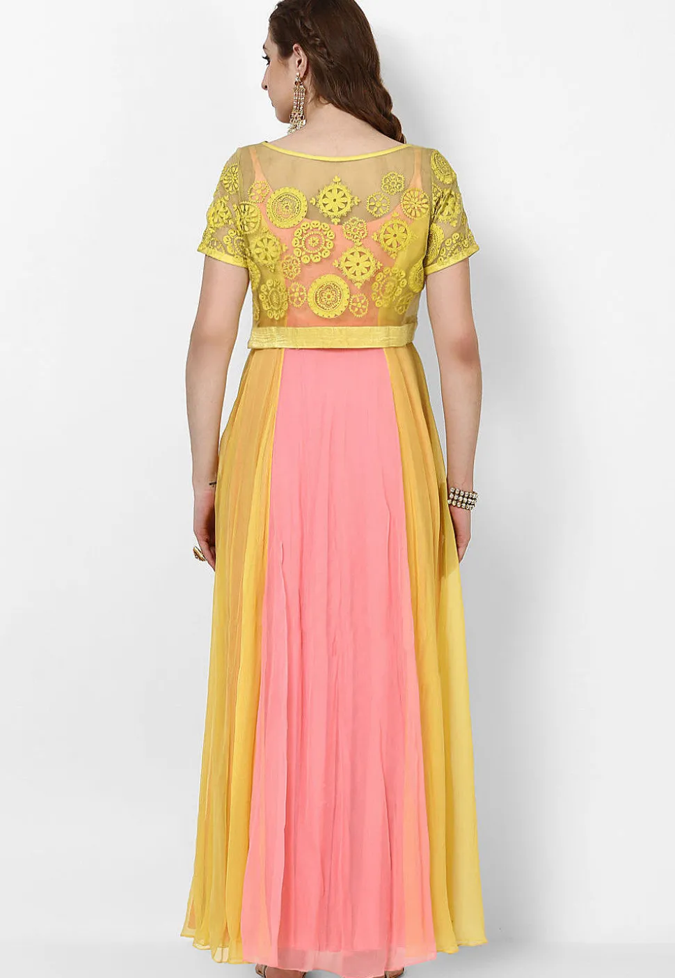Embroidered Georgette Abaya Style Suit in Yellow and Baby Pink