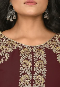 Embroidered Georgette Abaya Style Suit in Maroon