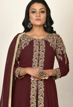 Embroidered Georgette Abaya Style Suit in Maroon