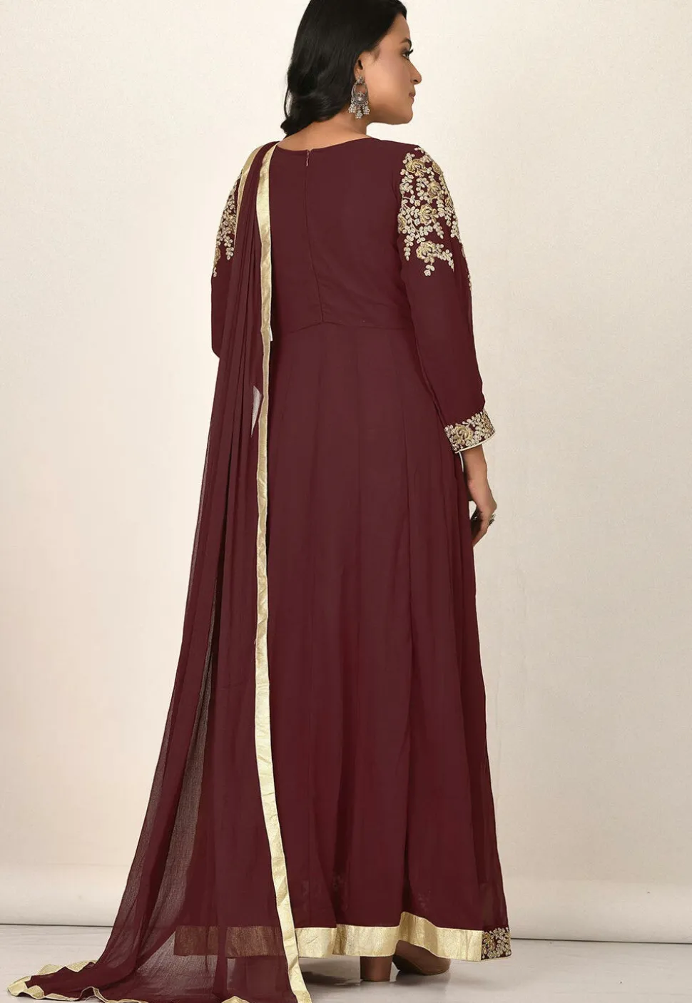 Embroidered Georgette Abaya Style Suit in Maroon
