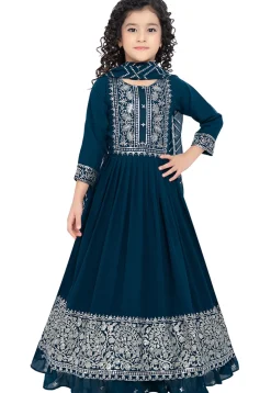 Embroidered Georgette Abaya Style Suit in Teal Blue