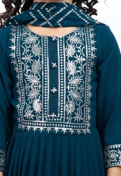 Embroidered Georgette Abaya Style Suit in Teal Blue