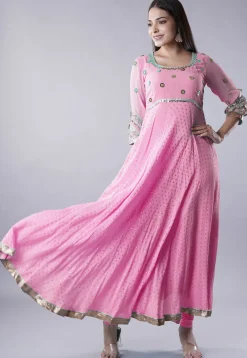 Embroidered Georgette Abaya Style Suit in Pink