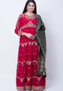 Embroidered Georgette Abaya Style Suit in Fuchsia