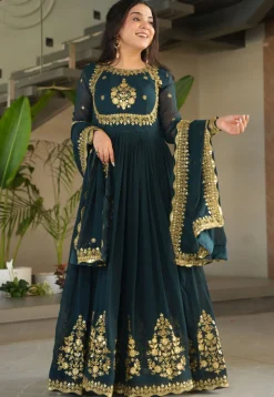 Embroidered Georgette Abaya Style Suit in Teal Blue