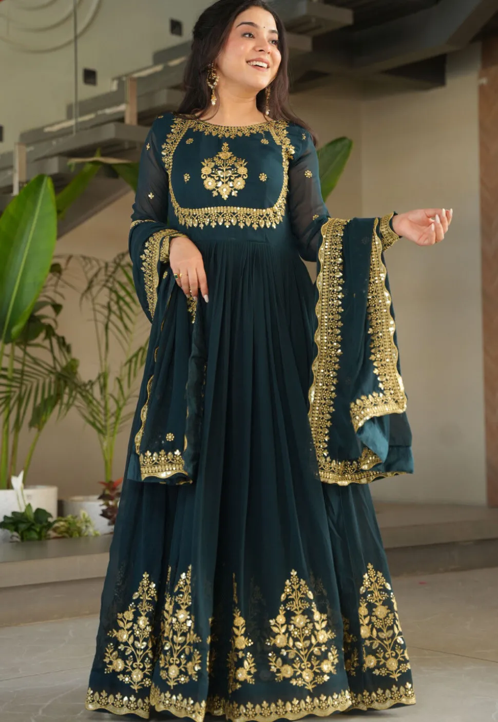 Embroidered Georgette Abaya Style Suit in Teal Blue