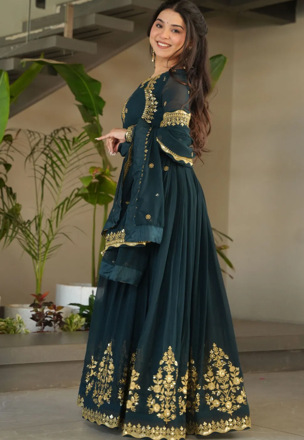 Embroidered Georgette Abaya Style Suit in Teal Blue