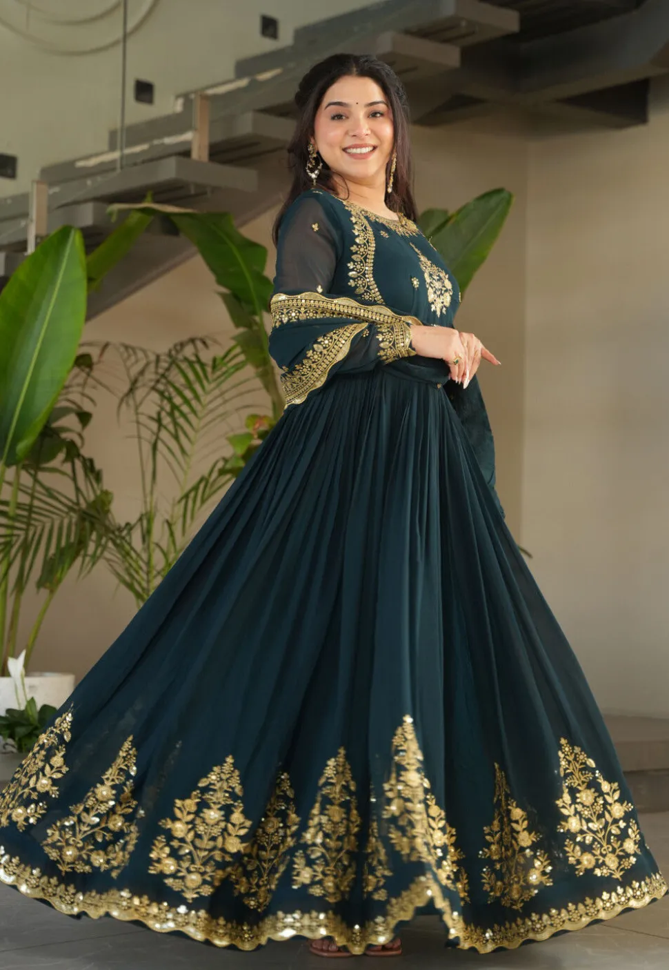 Embroidered Georgette Abaya Style Suit in Teal Blue