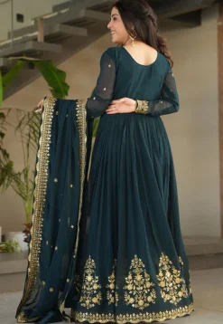 Embroidered Georgette Abaya Style Suit in Teal Blue