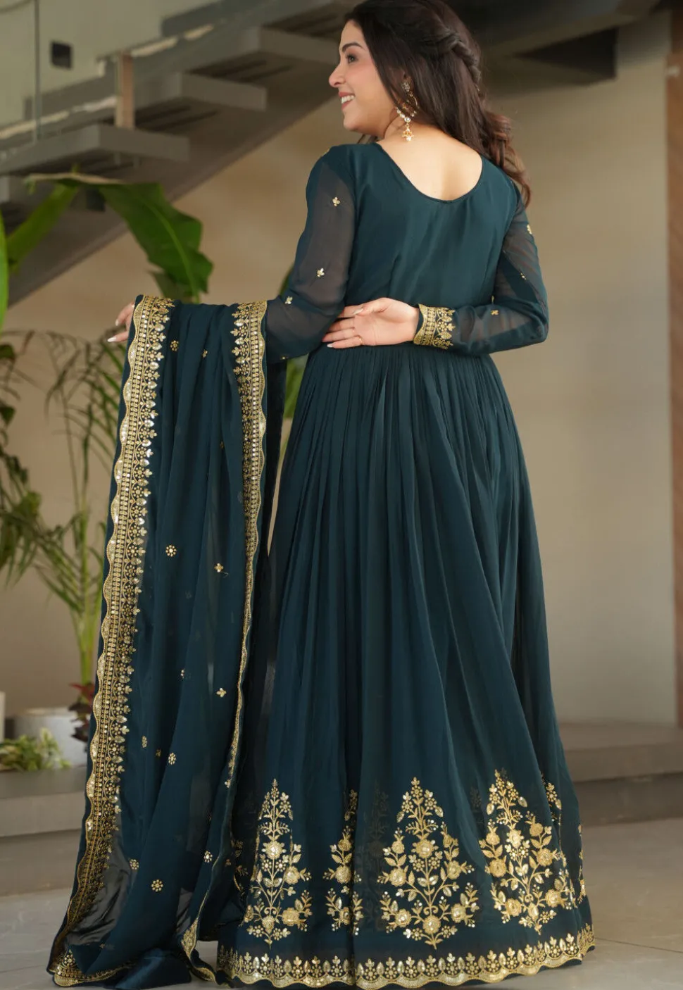 Embroidered Georgette Abaya Style Suit in Teal Blue