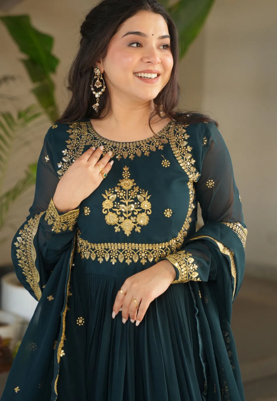 Embroidered Georgette Abaya Style Suit in Teal Blue