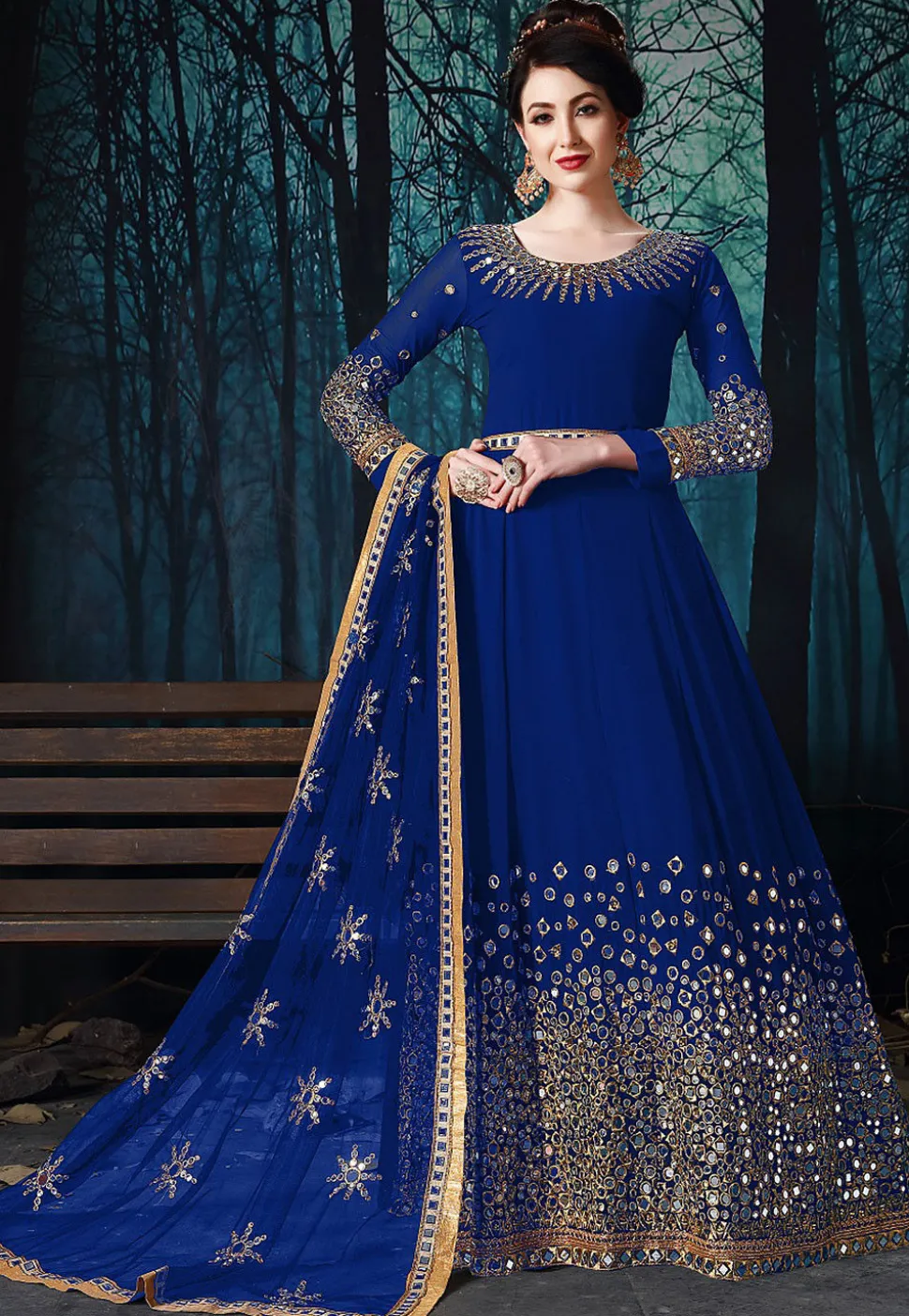 Embroidered Georgette Abaya Style Suit in Royal Blue