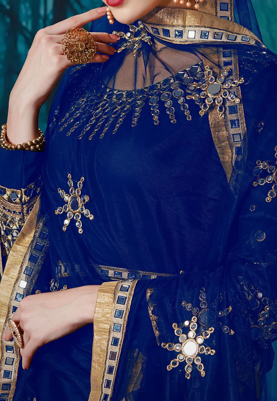Embroidered Georgette Abaya Style Suit in Royal Blue