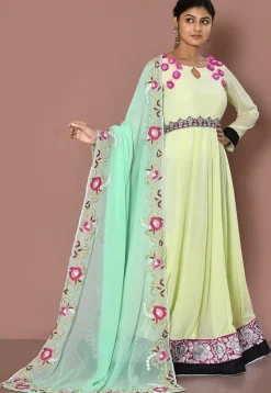 Embroidered Georgette Abaya Style Suit in Light Yellow
