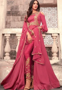 Embroidered Georgette Abaya Style Suit in Old Rose
