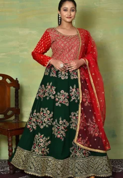 Embroidered Georgette Abaya Style Suit in Dark Green and Red