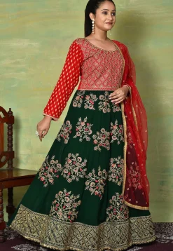 Embroidered Georgette Abaya Style Suit in Dark Green and Red