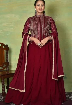 Embroidered Georgette Abaya Style Suit in Maroon