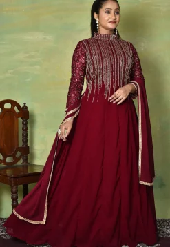 Embroidered Georgette Abaya Style Suit in Maroon