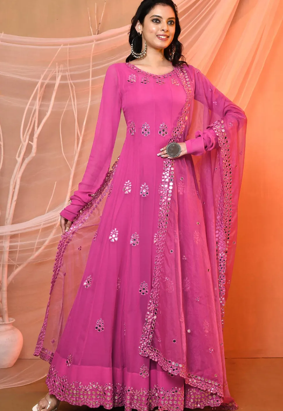 Embroidered Georgette Abaya Style Suit in Pink