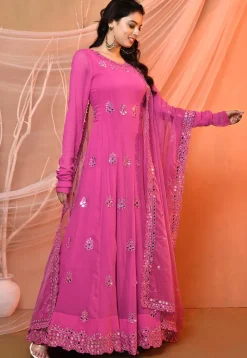 Embroidered Georgette Abaya Style Suit in Pink