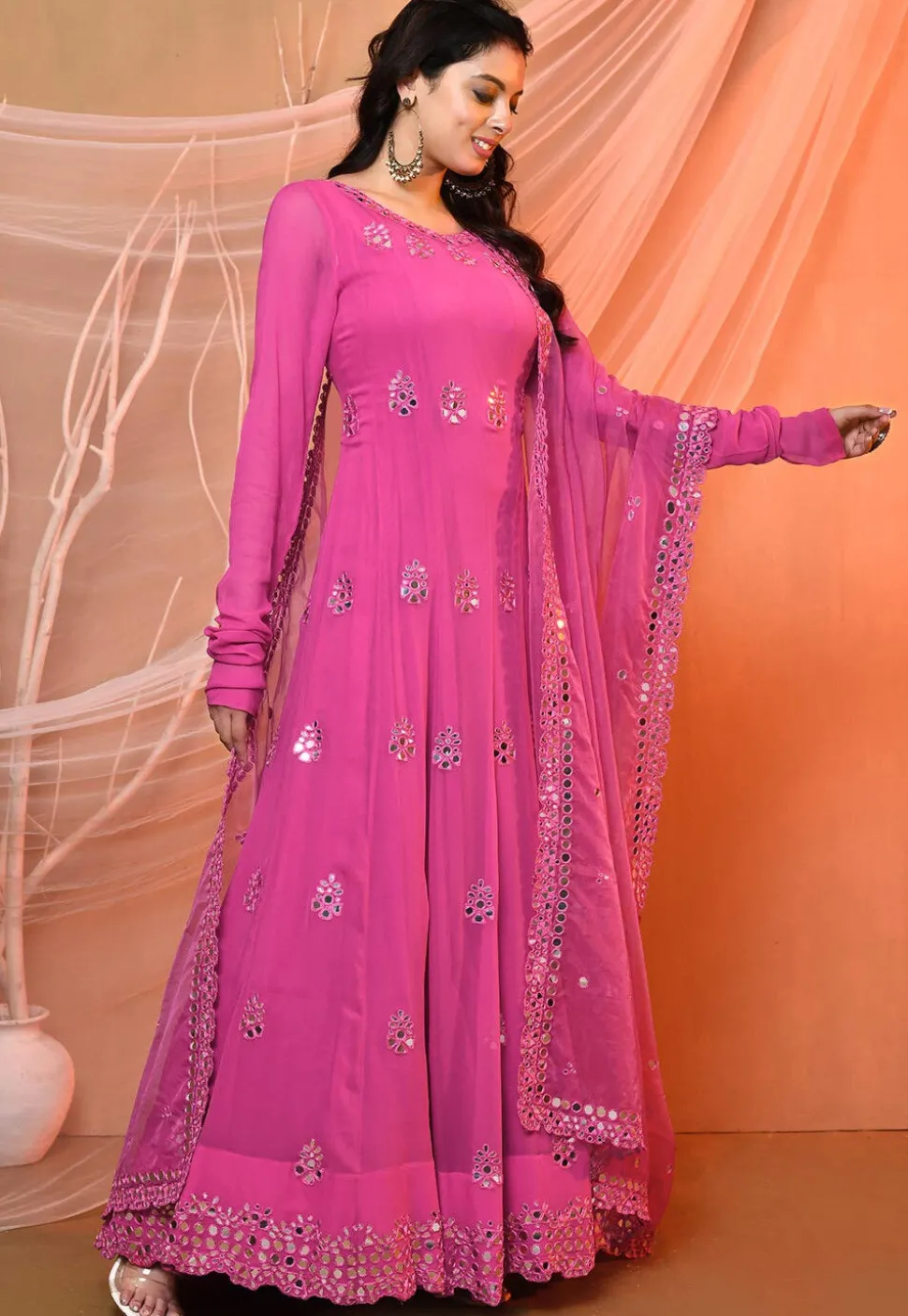 Embroidered Georgette Abaya Style Suit in Pink