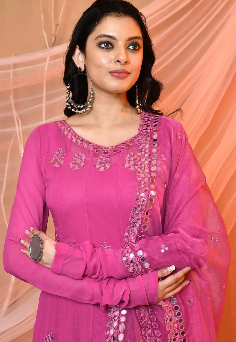 Embroidered Georgette Abaya Style Suit in Pink