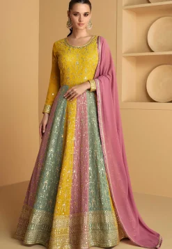 Embroidered Georgette Abaya Style Suit in Mustard and Multicolor