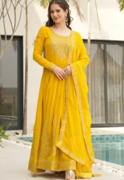 Embroidered Georgette Abaya Style Suit in Yellow