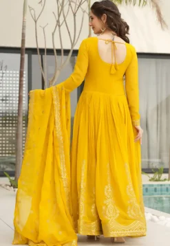 Embroidered Georgette Abaya Style Suit in Yellow