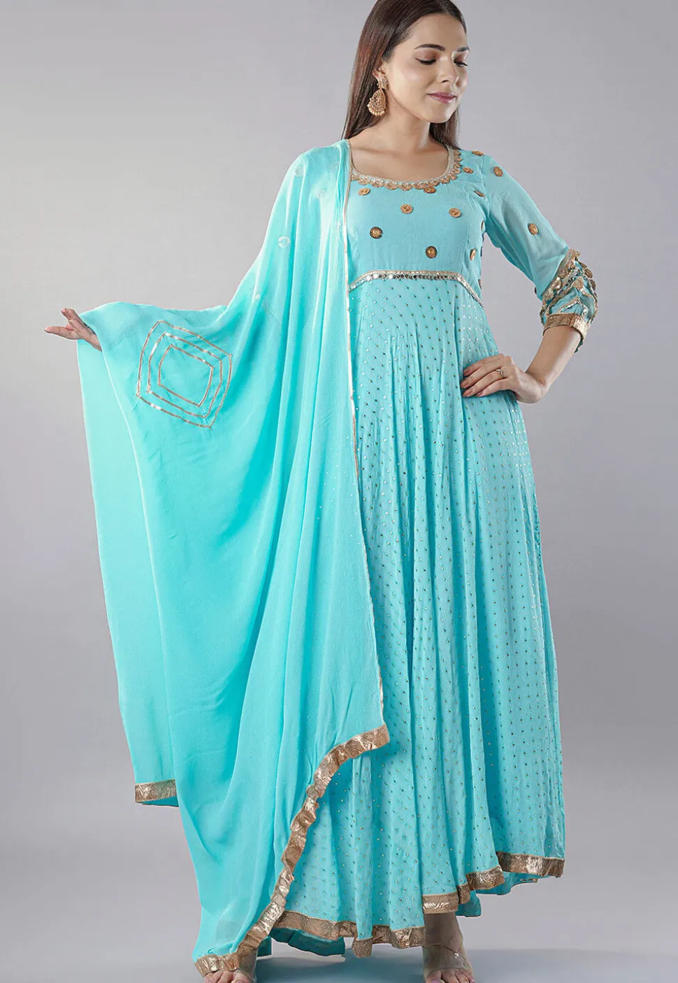 Embroidered Georgette Abaya Style Suit in Sky Blue