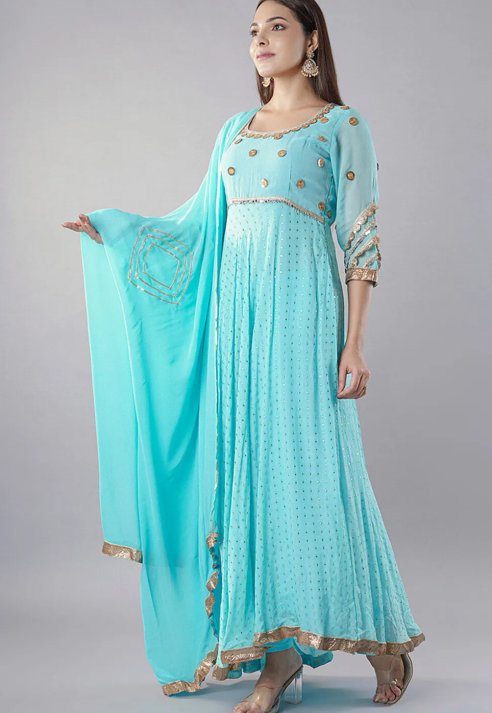 Embroidered Georgette Abaya Style Suit in Sky Blue