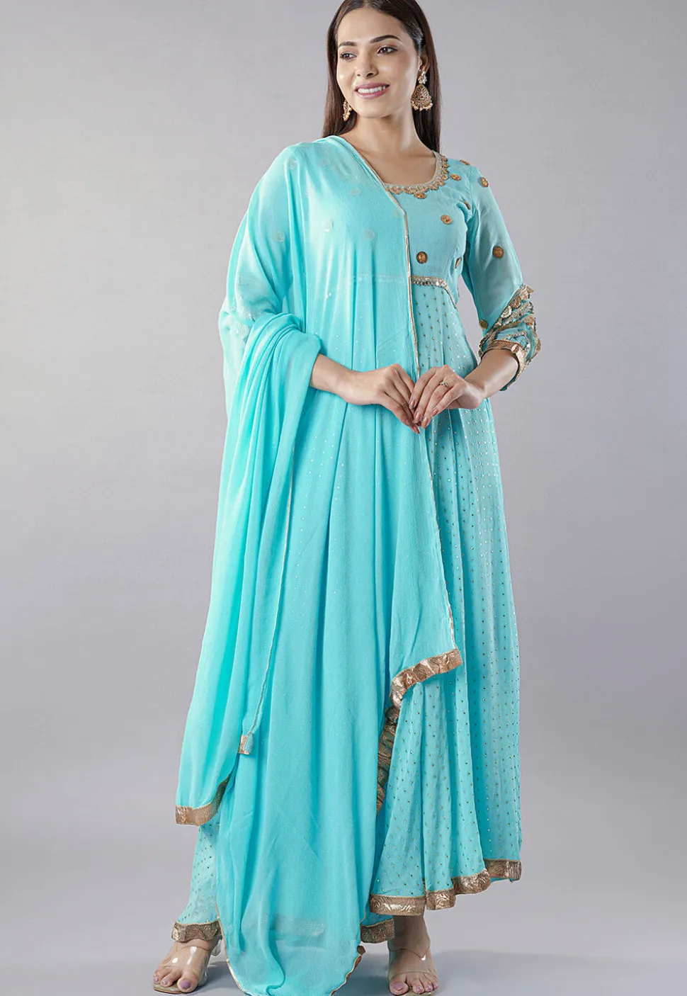 Embroidered Georgette Abaya Style Suit in Sky Blue