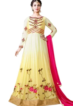 Embroidered Georgette Abaya Style Suit in Shaded Cream and Yellow