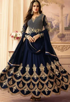Embroidered Georgette Abaya Style Suit in Navy Blue