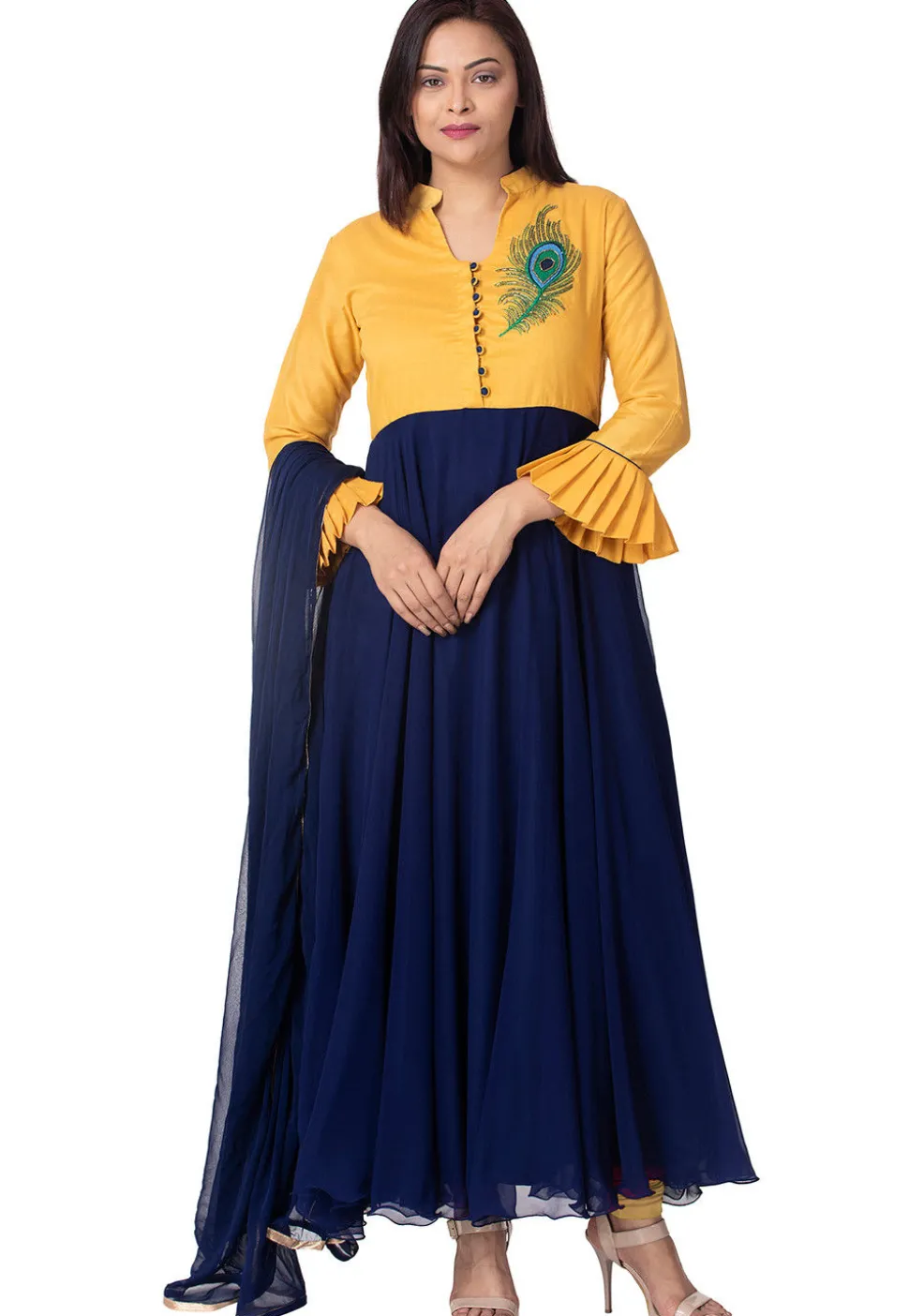 Embroidered Georgette Abaya Style Suit in Blue and Mustard
