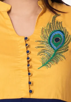 Embroidered Georgette Abaya Style Suit in Blue and Mustard