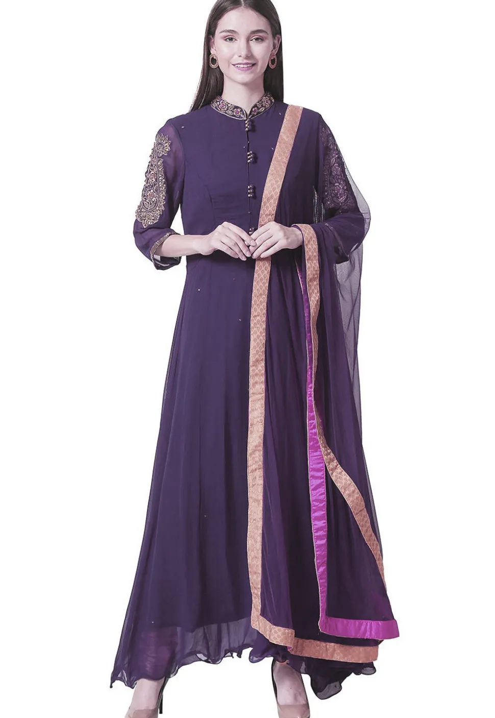 Embroidered Georgette Abaya Style Suit in Violet